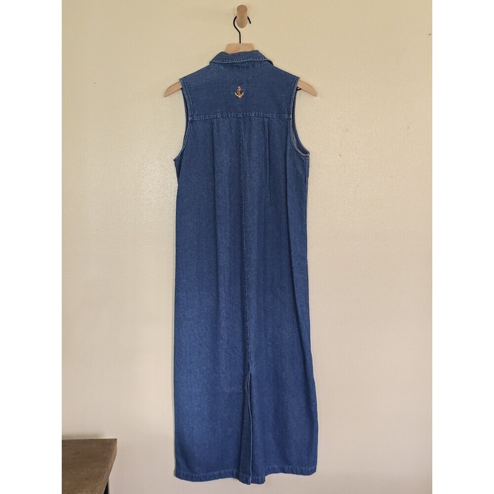 Vintage Christopher & Banks Denim Maxi Dress M Nautical Embroidered Button Front - Picture 8 of 9